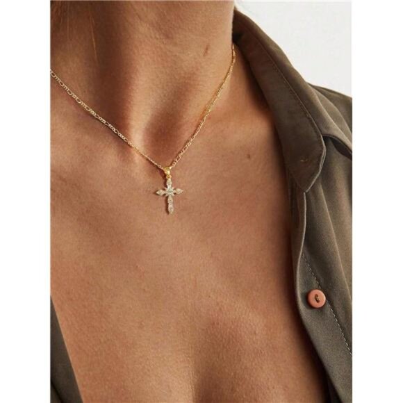 14K Gold Plated  Cross Pendant Necklace Dainty Gold - Picture 4 of 13